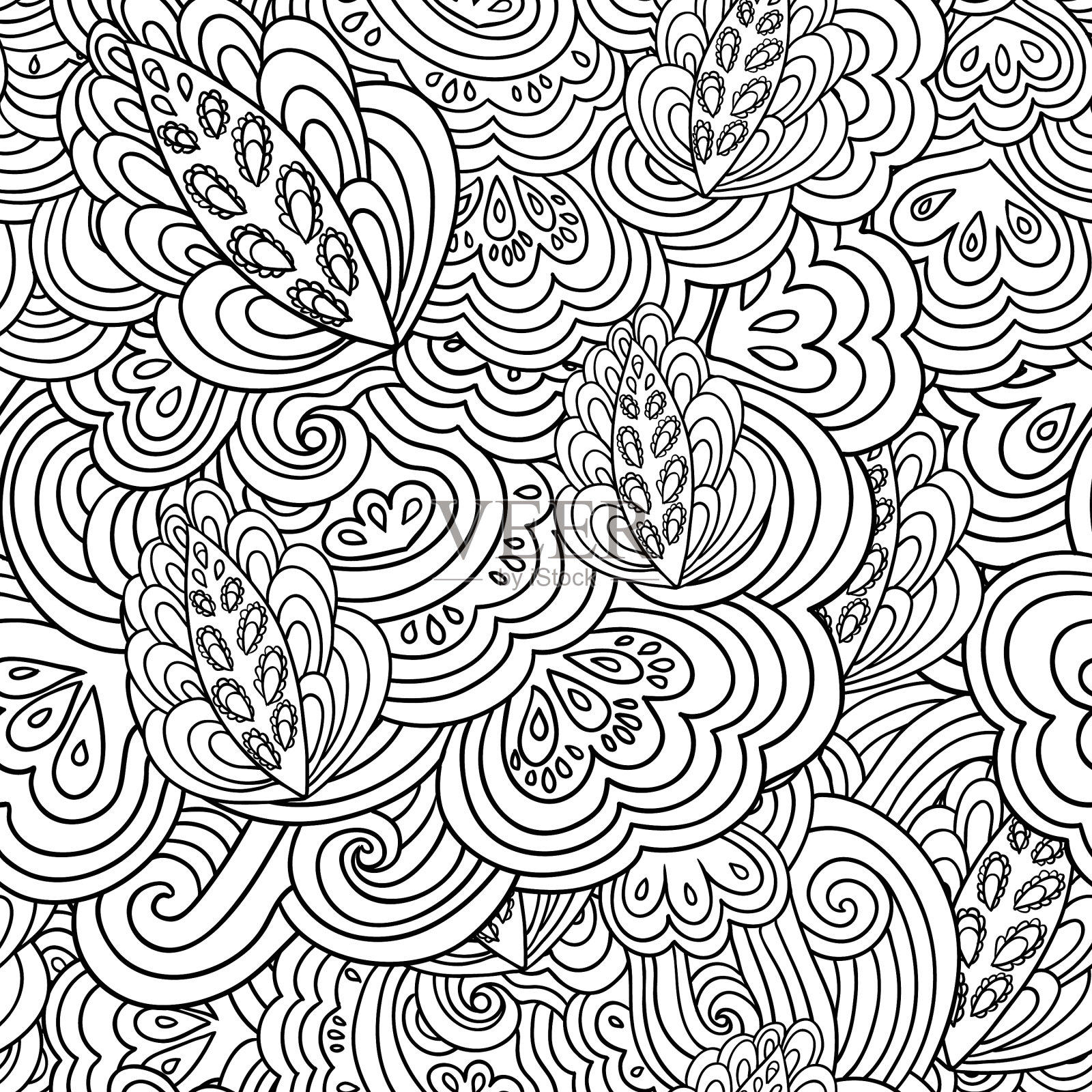 无缝迷幻图案与疯狂的黑色和插画图片素材