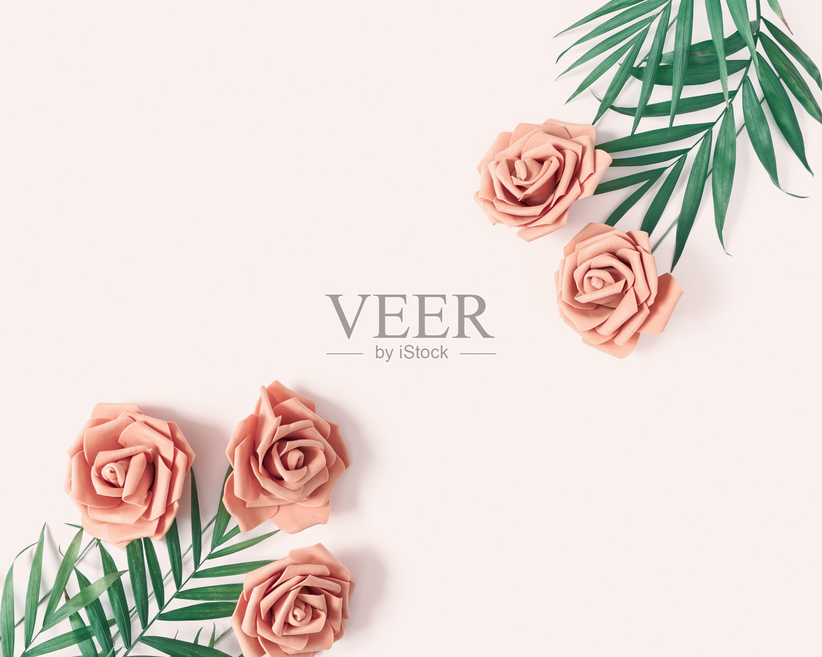 花朵组成是由玫瑰和绿叶在米色柔和的背景。为妇女节、母亲节、情人节、贺卡布置鲜花。平的。前视图。副本的空间。照片摄影图片