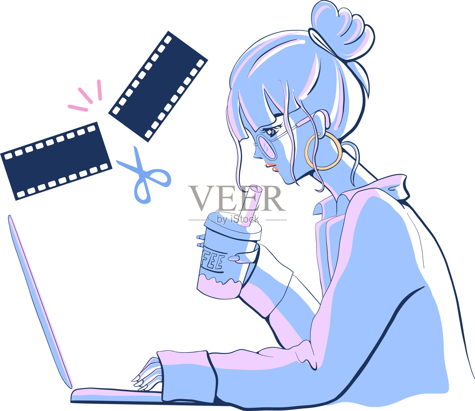 喝着酒在笔记本电脑上编辑视频的女人设计元素图片