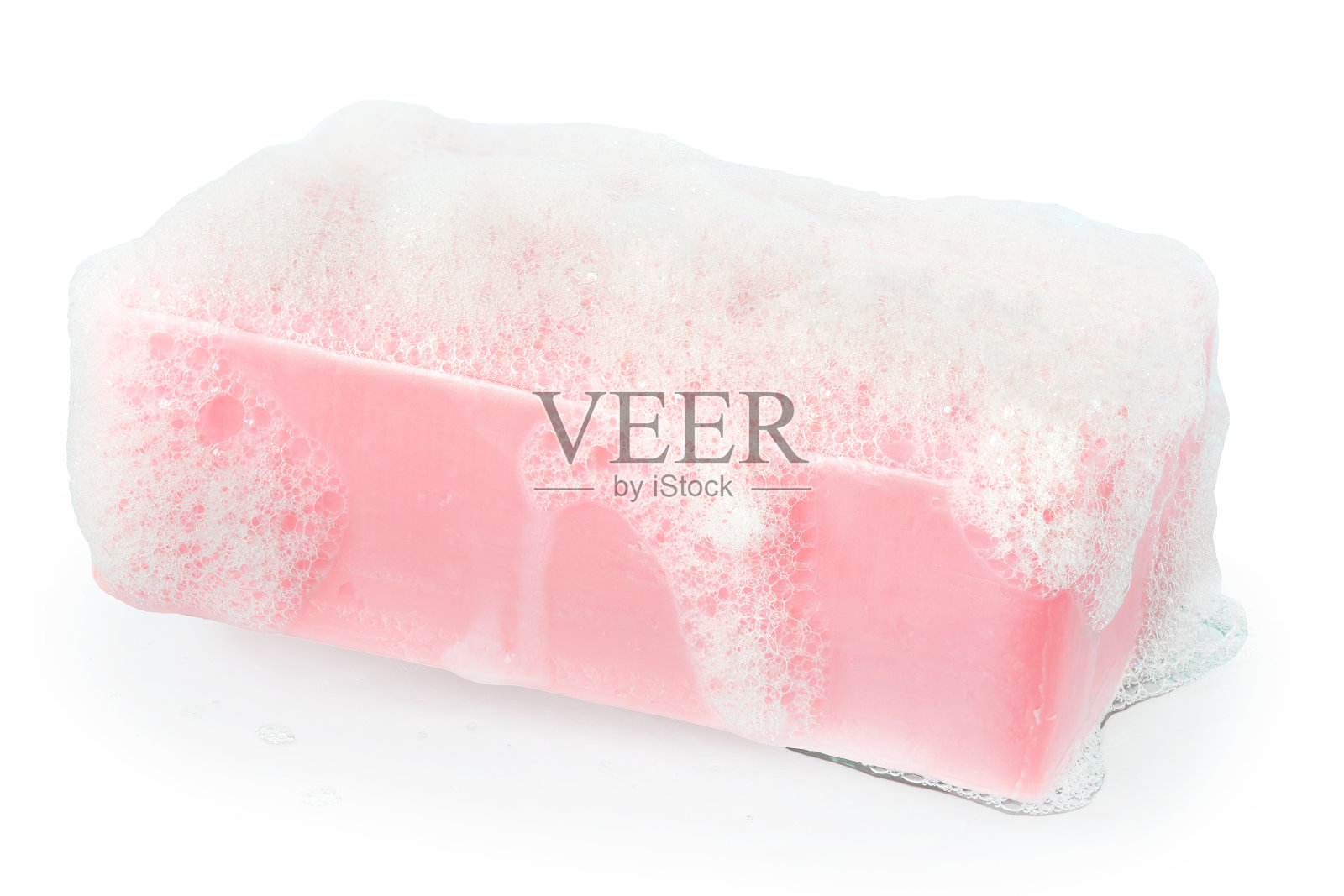 把粉红色的肥皂贴在泡沫上封闭隔离照片摄影图片