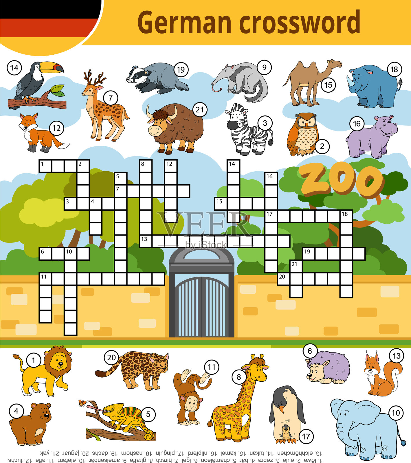 德国儿童纵横字谜教育游戏插画图片素材