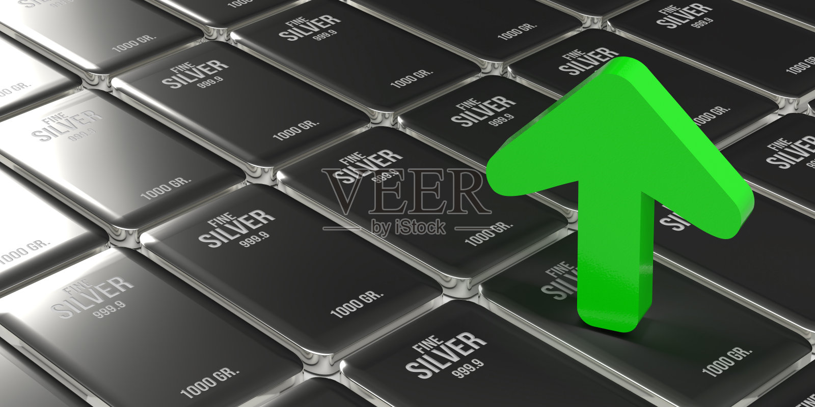 绿色箭头的银条。照片摄影图片