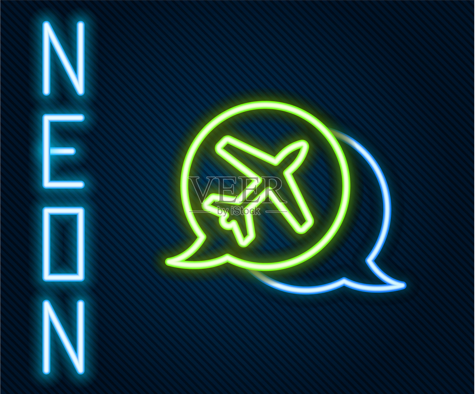 发光的霓虹线语音气泡与飞机插画图片素材