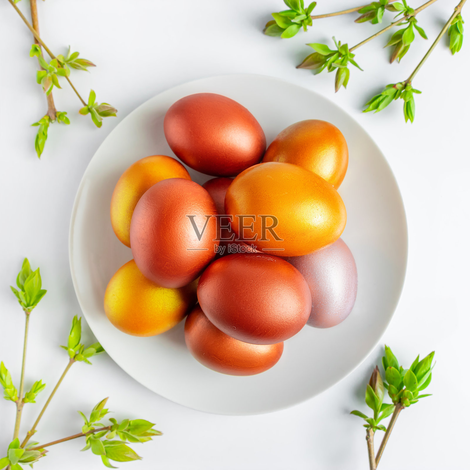 白色背景上的金色和青铜复活节彩蛋。柳树绿芽照片摄影图片