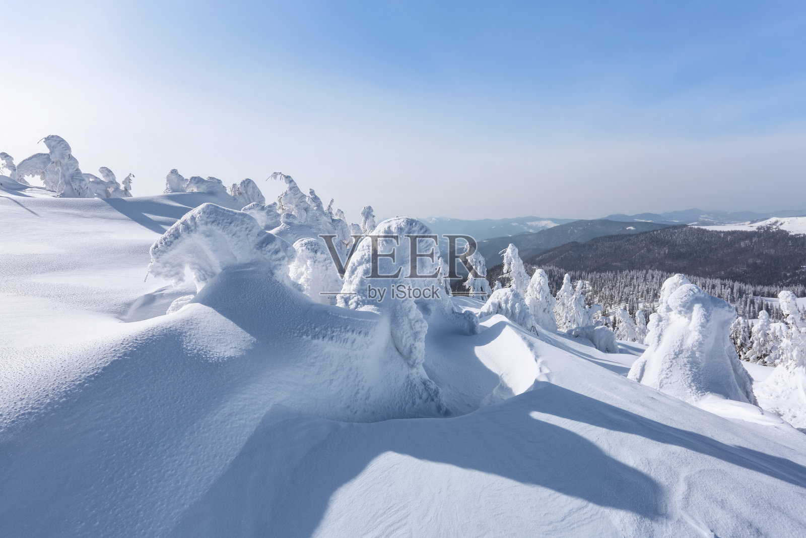 冬天的风景。圣诞节的仙境。雪堆里覆盖着结霜的草地。森林。mountaint高。白雪皑皑的壁纸背景。照片摄影图片