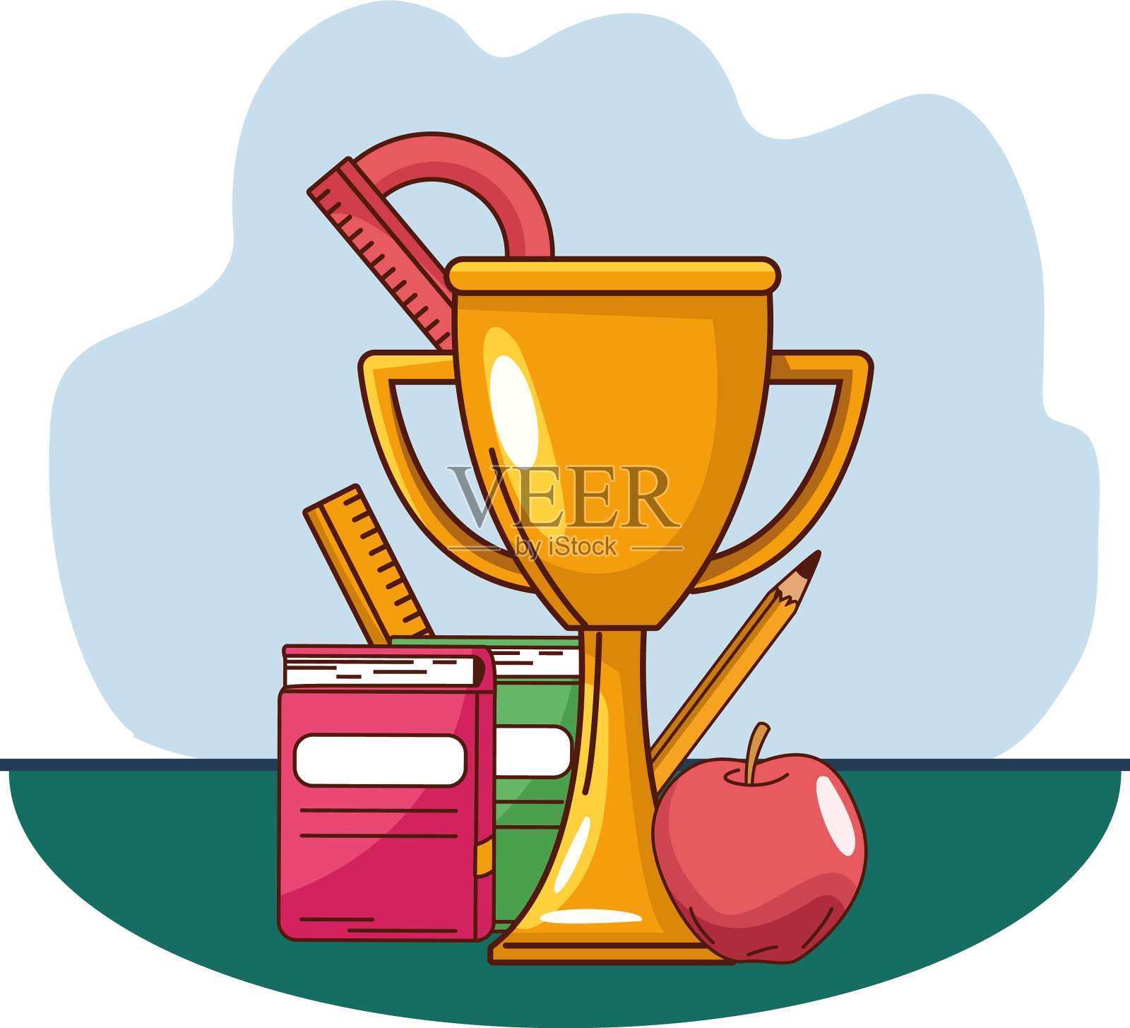学校笔记本，尺子，铅笔，苹果和奖杯插画图片素材