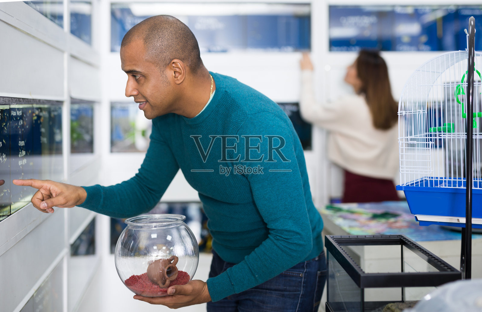 积极的人在商店选择水族鱼照片摄影图片