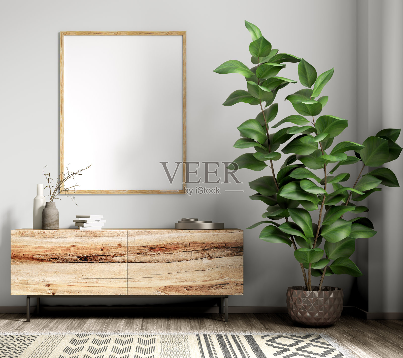 海报上的木制梳妆台在现代客厅，家居室内设计3d效果图照片摄影图片