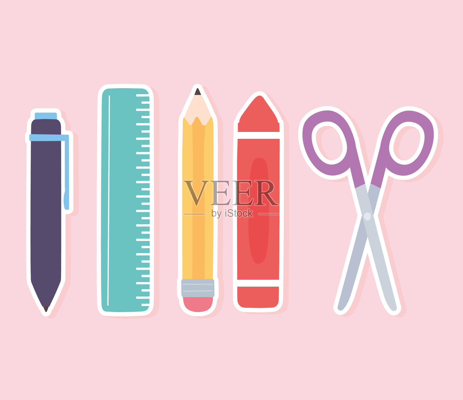 学校尺子，铅笔，剪刀，蜡笔用品插画图片素材