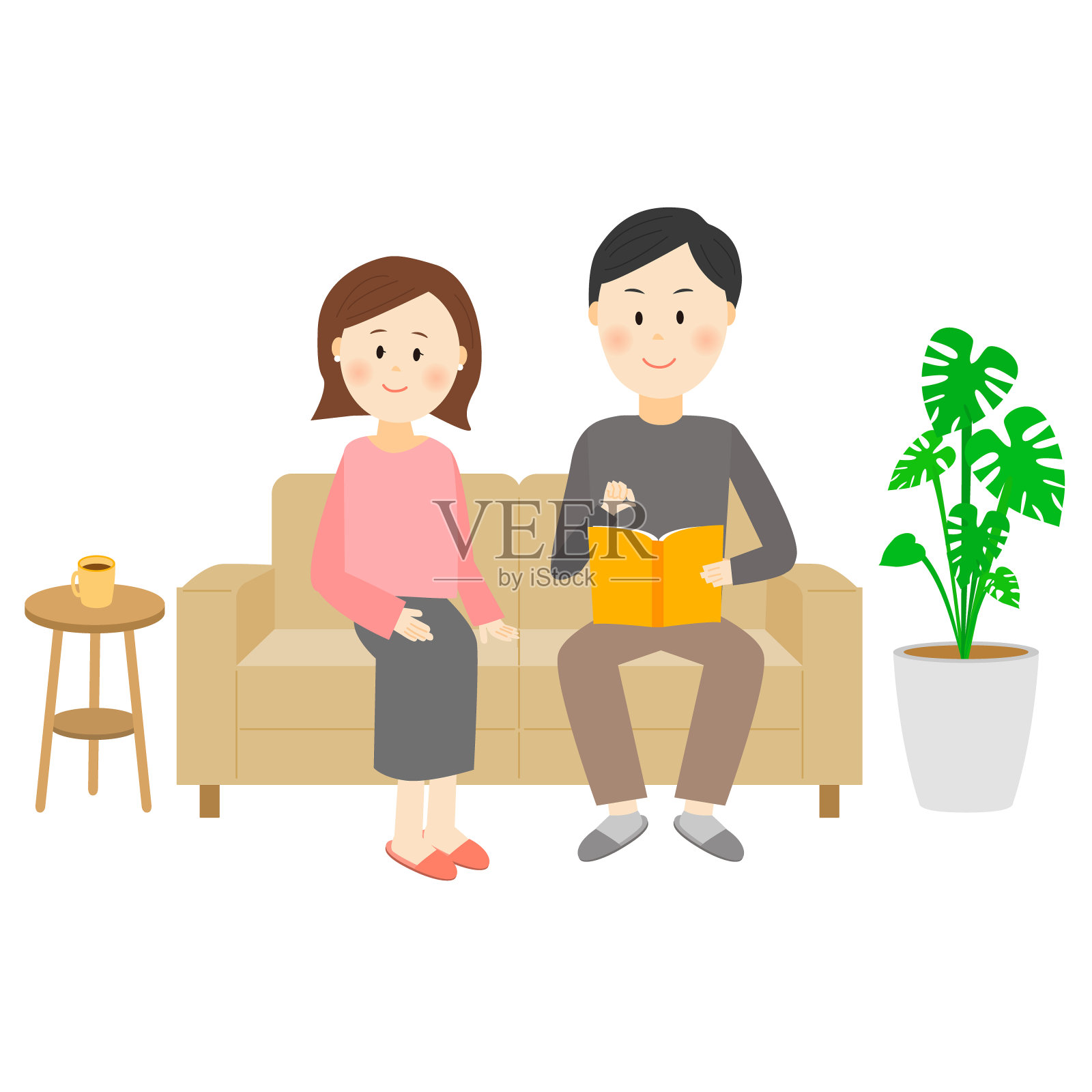 一个男人坐在沙发上看书，一个女人坐在椅子上插画图片素材