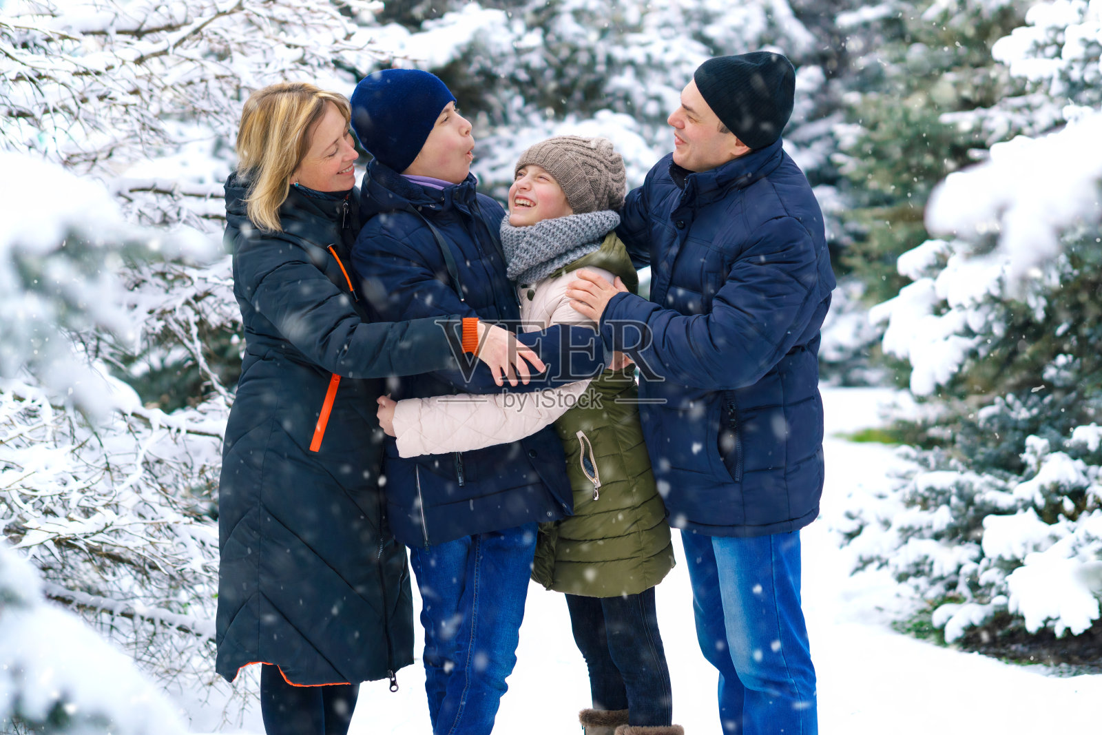 全家福在冬天的森林，父母和孩子，美丽的自然与明亮的雪杉树照片摄影图片