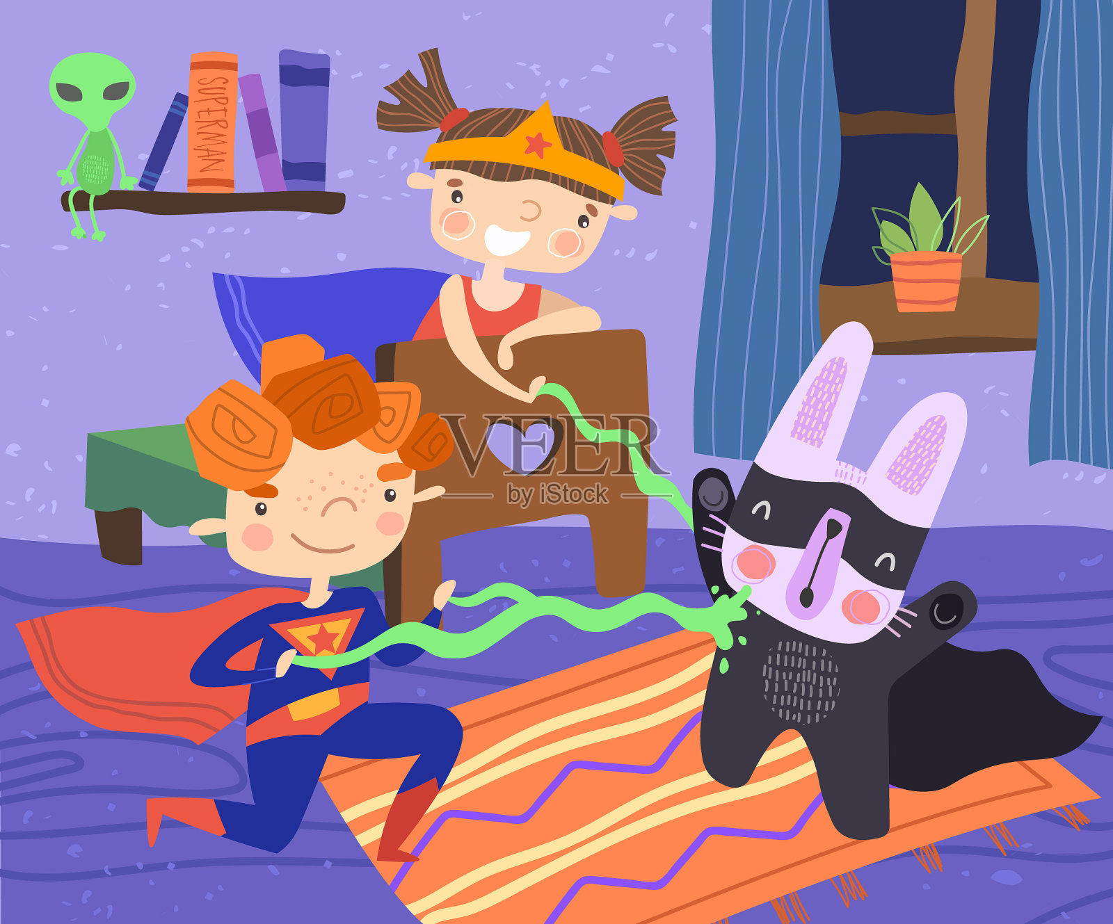 孩子们坐在卧室里插画图片素材