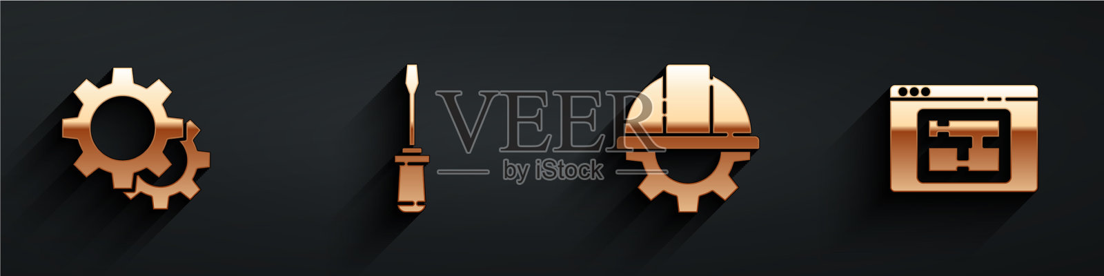 安装齿轮螺丝刀和工人安全帽图标素材