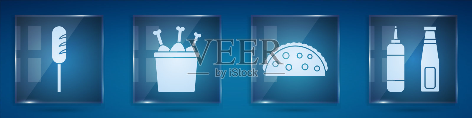 将炸香肠鸡腿装在包装盒内图标素材