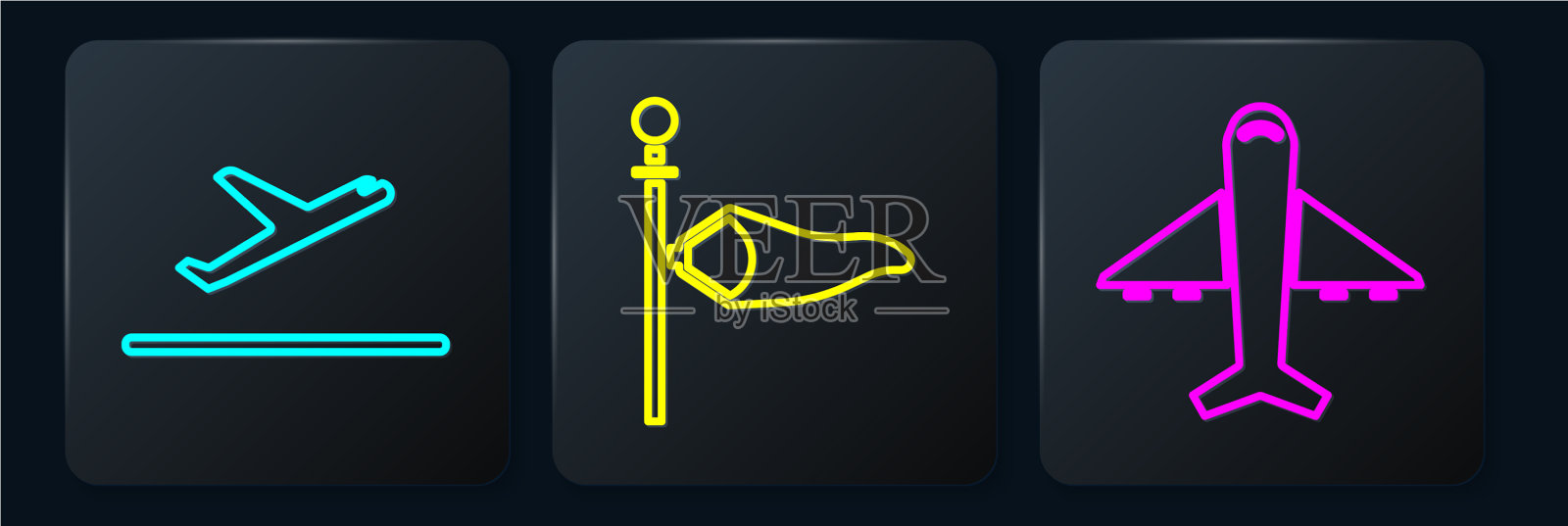 设置等距飞机、起飞飞机和锥形图标素材