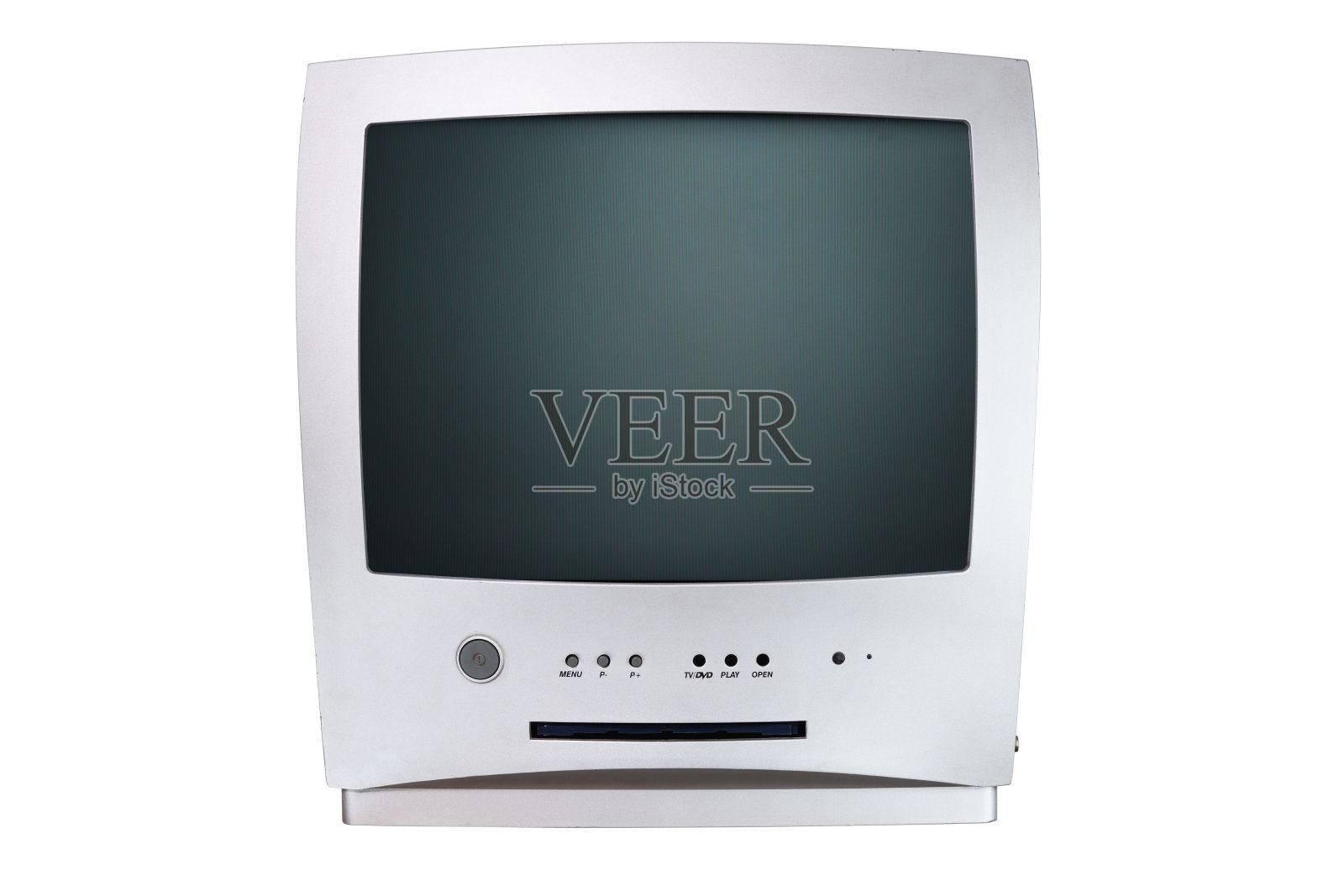 带有内置DVD播放器的老式银色电视。孤立的白色背景。照片摄影图片