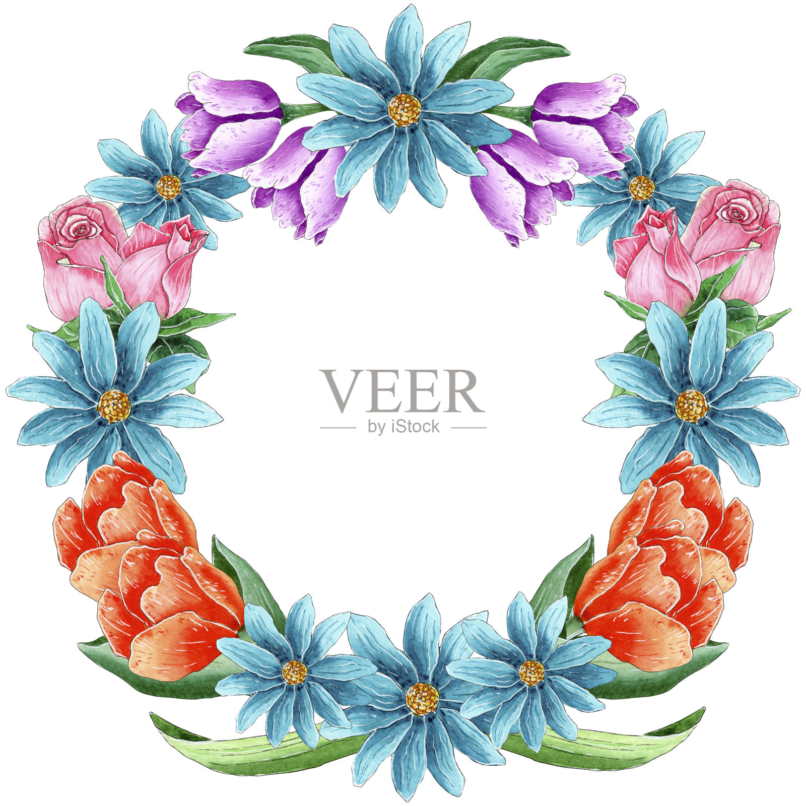 水彩画春花圈，花花圈亮。插画图片素材