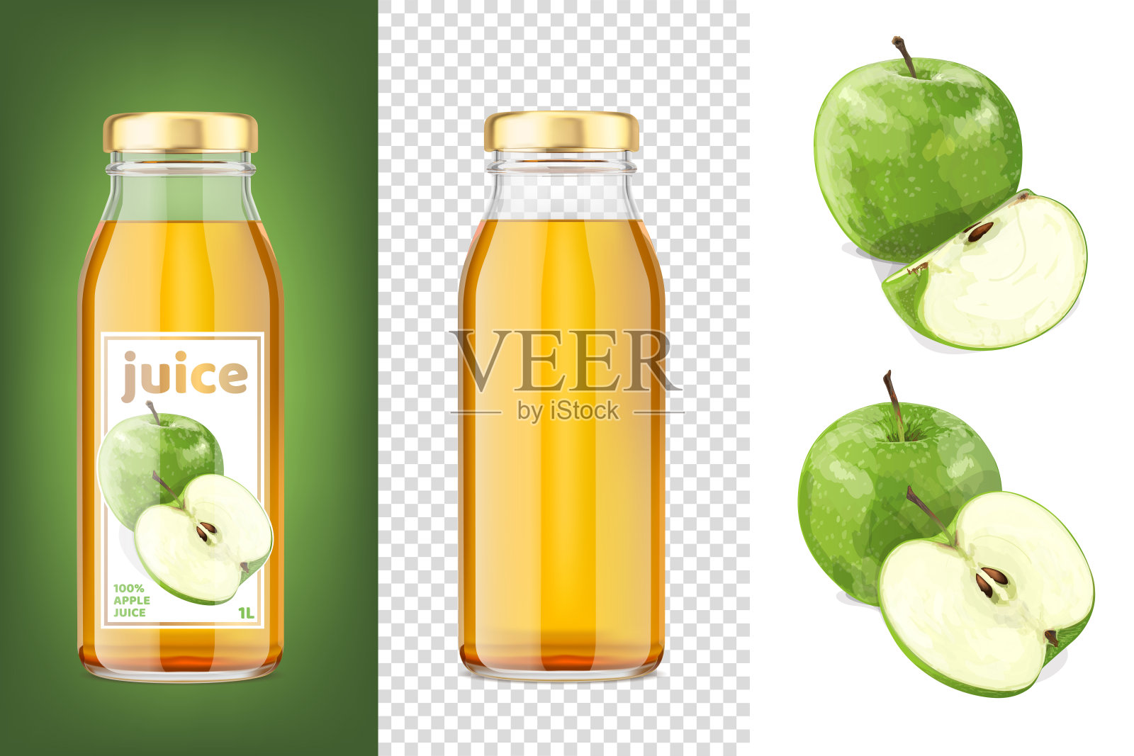 绿苹果汁模型3D透明瓶子和苹果。插画图片素材
