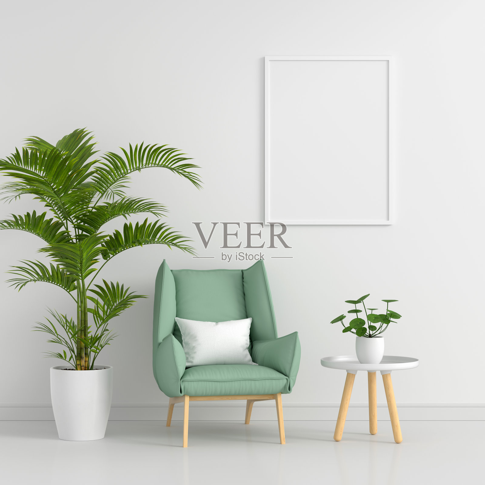 绿色扶手椅在客厅框架模型，3D渲染照片摄影图片