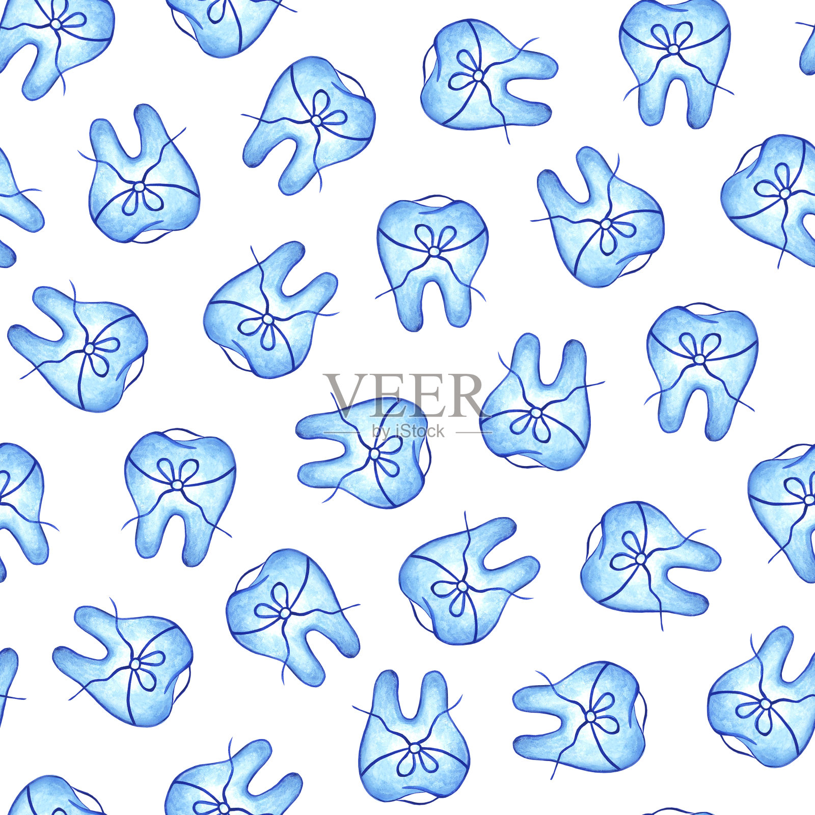 无缝图案与牙齿装饰牙线和弓，蓝色在白色的背景。水彩插图。现实的风格。牙医。医学、健康。用于在织物上印刷。插画图片素材