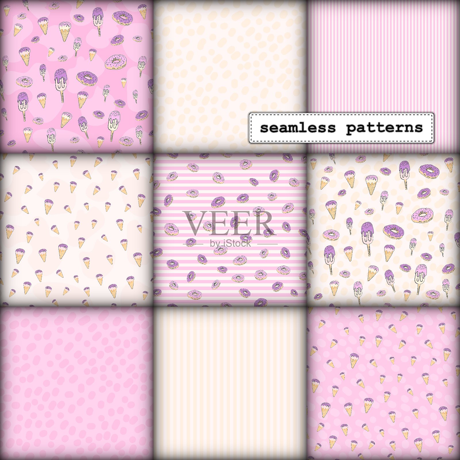 无缝图案套装，卡通手绘糖果甜甜圈和冰淇淋，柔和的粉米色淡紫色。图案印刷，包装，包装横幅，纺织品织物插画图片素材