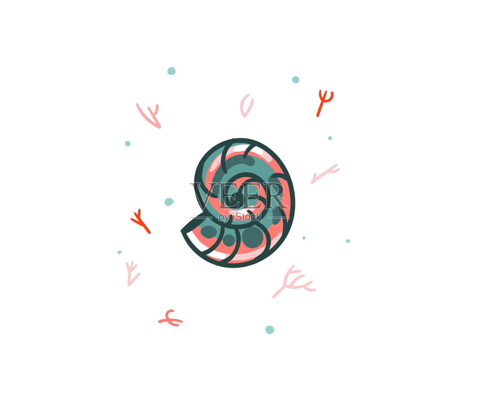 手绘矢量股票抽象平面卡通图形插图热带夏季海洋水下有趣的海贝壳孤立在白色背景插画图片素材