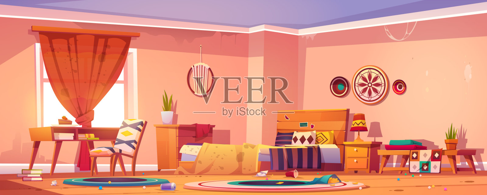 凌乱的波西米亚风格的卧室，床和垃圾插画图片素材