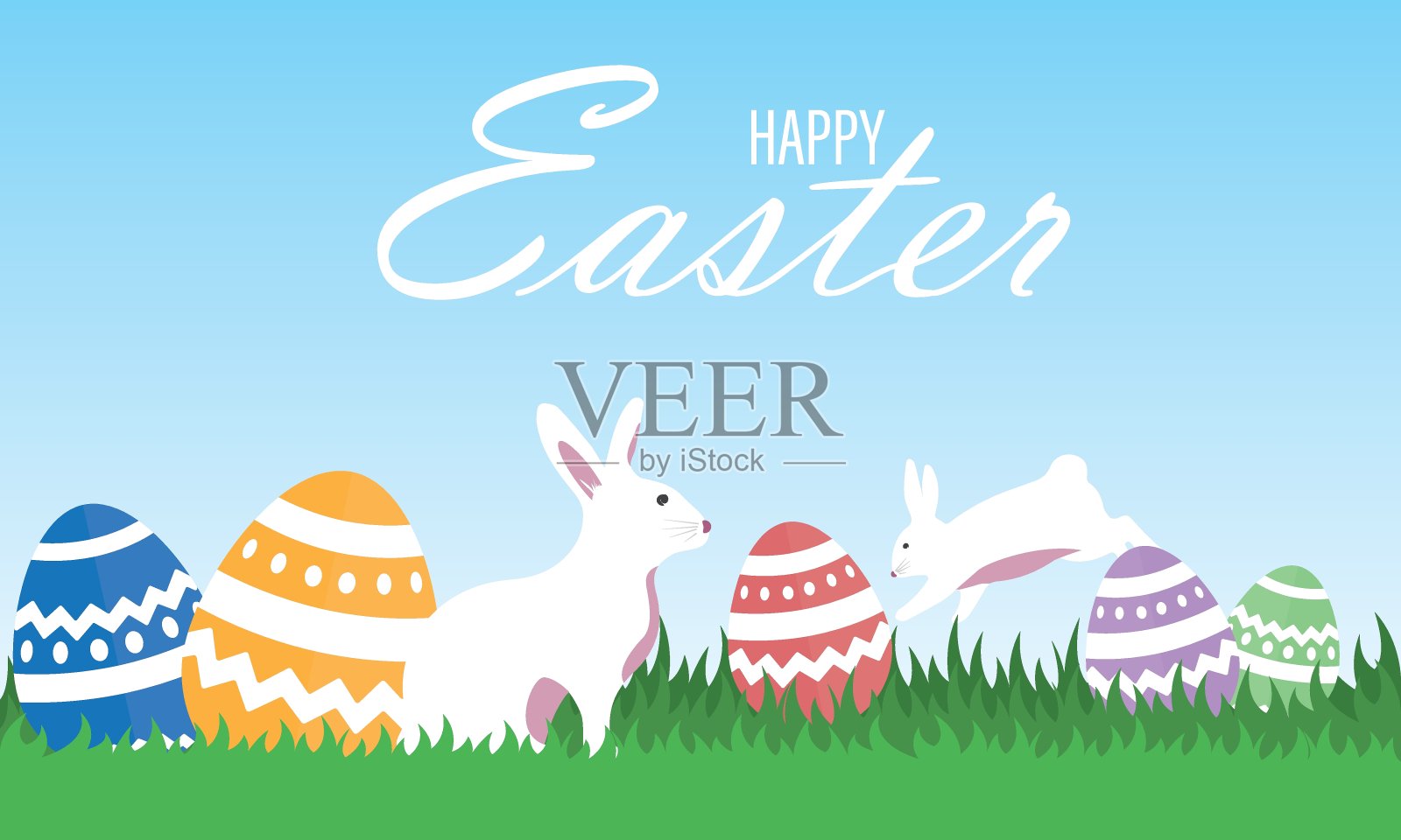 矢量插图的快乐复活节假期与蛋，花。国际庆祝设计与印刷贺卡，聚会邀请或推广海报。插画图片素材