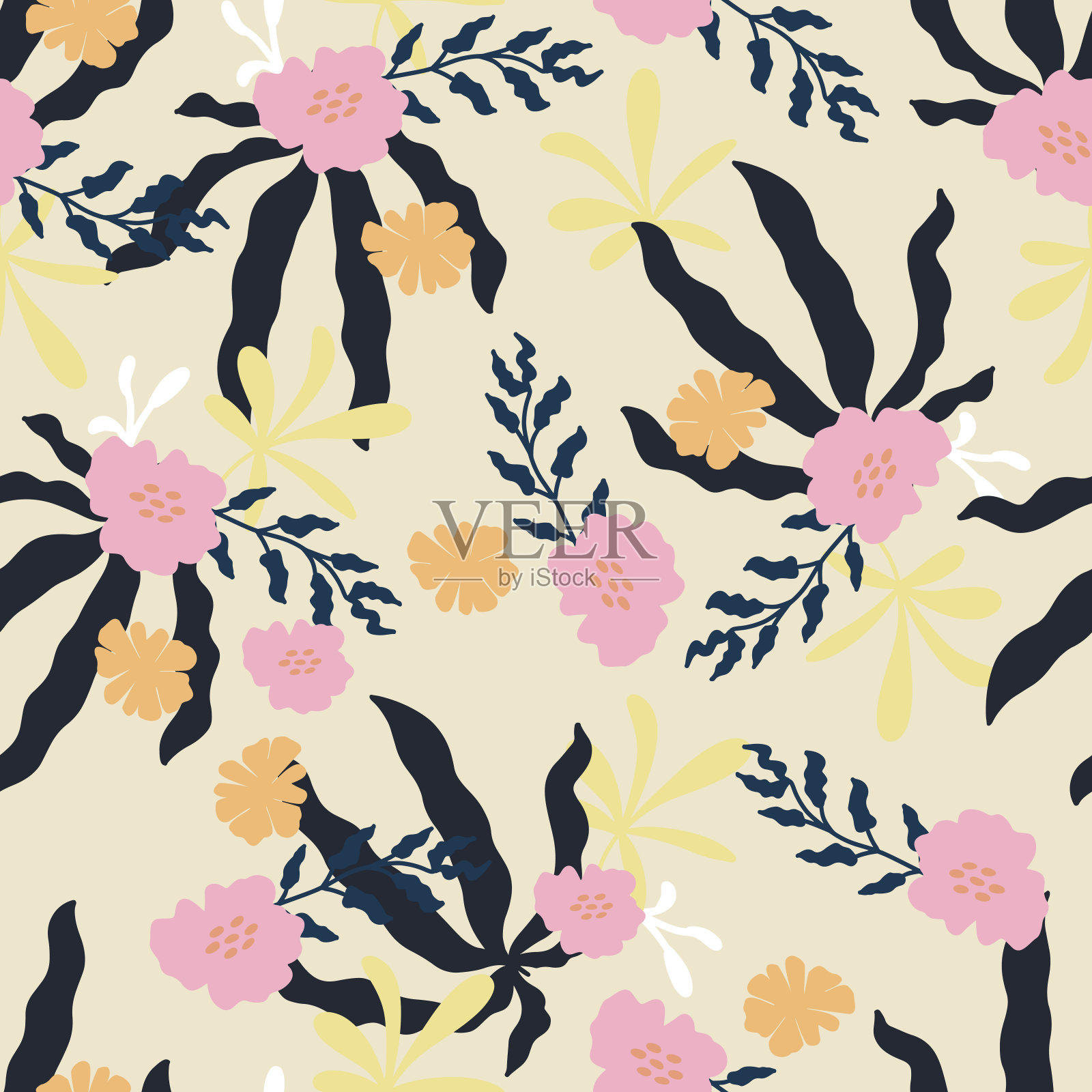 抽象无缝图案与叶。矢量图像的纺织品，壁纸，明信片，包装纸。插画图片素材