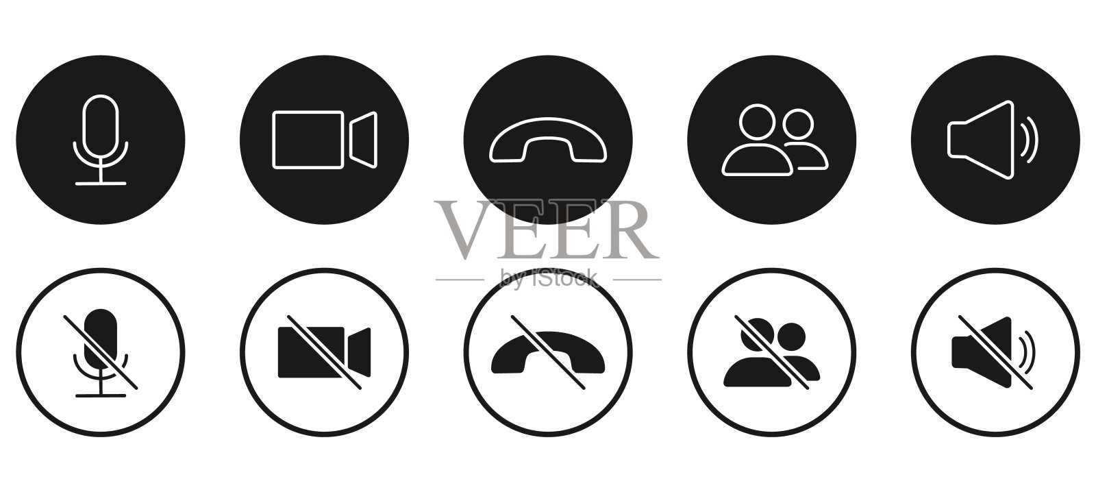 视频通话图标集。视频会议。收集在线视频聊天应用、网络通话、呼叫技术按键。Web应用ui显示模板。视频会议和在线会议工作空间图标素材