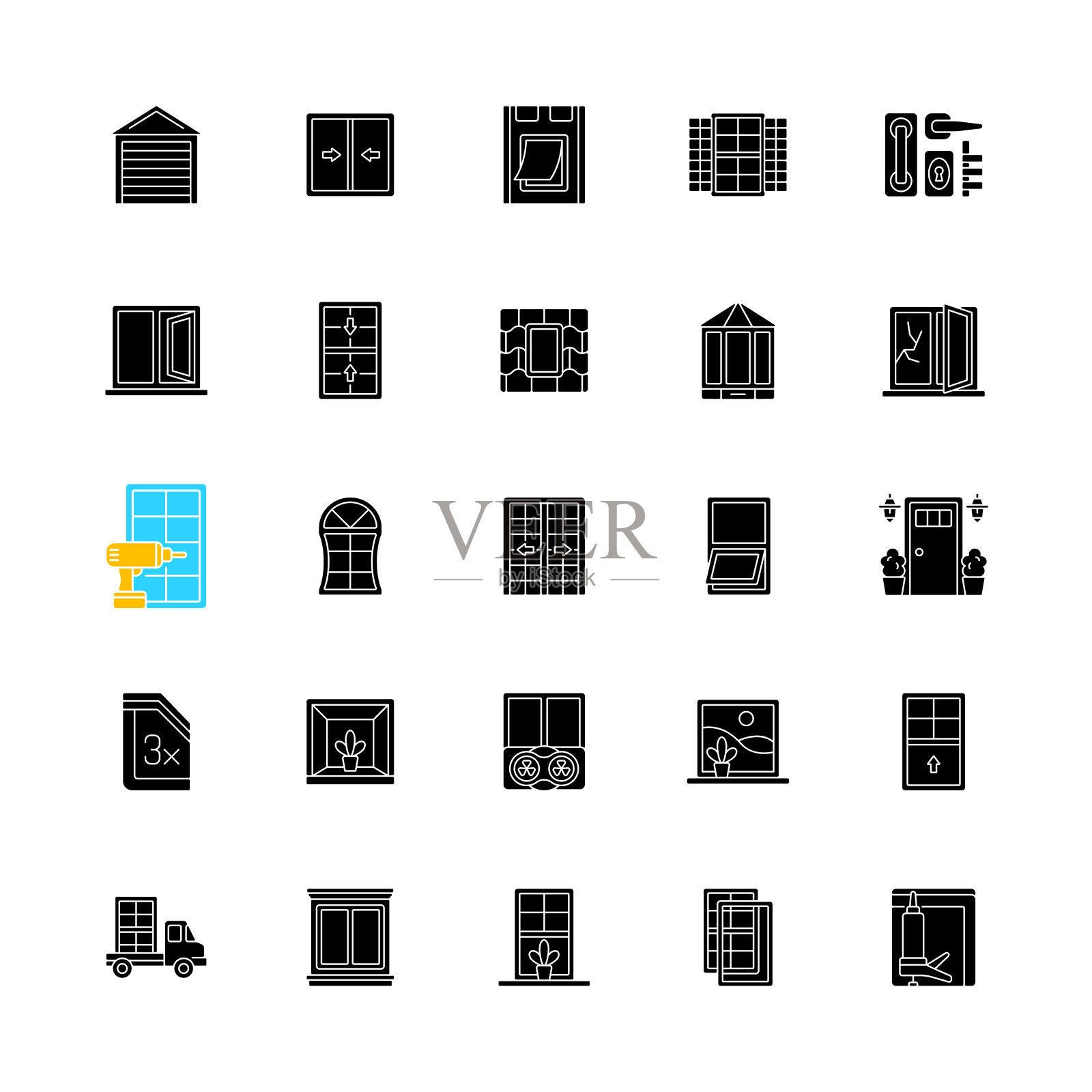 窗户和门安装服务黑色字形图标设置在空白图标素材