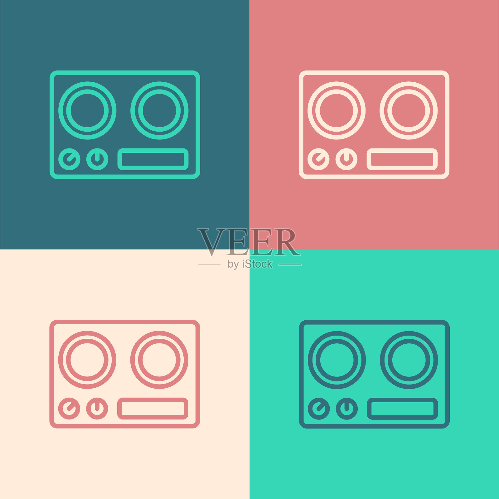 波普艺术线煤气炉图标孤立的颜色背景。炉灶面签。滚刀有四个圆形燃烧器。向量图标素材