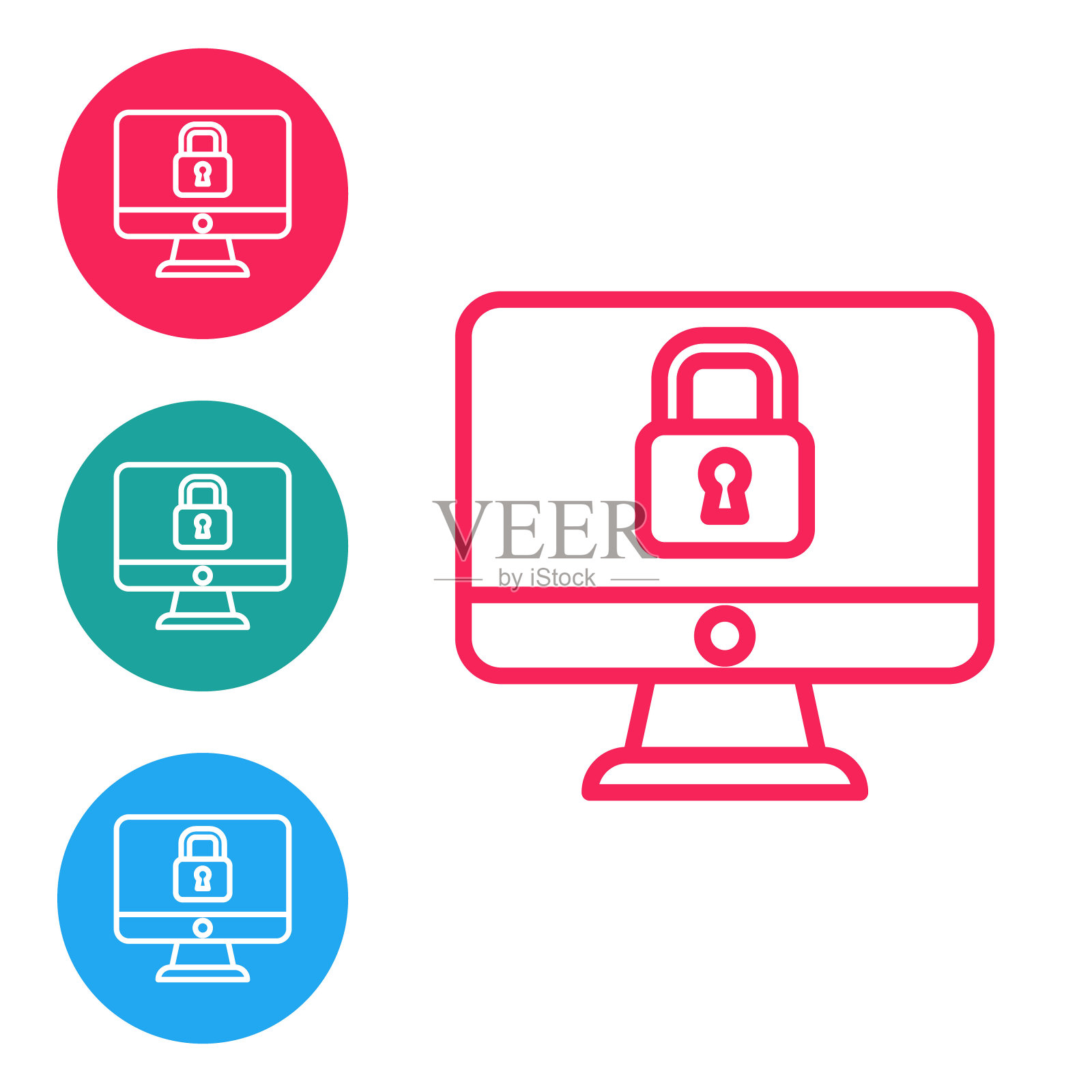 锁定电脑显示器屏幕上孤立在白色背景上的图标。安全、安全、保护的理念。安全的互联网络。在圆形按钮中设置图标。向量插画图片素材
