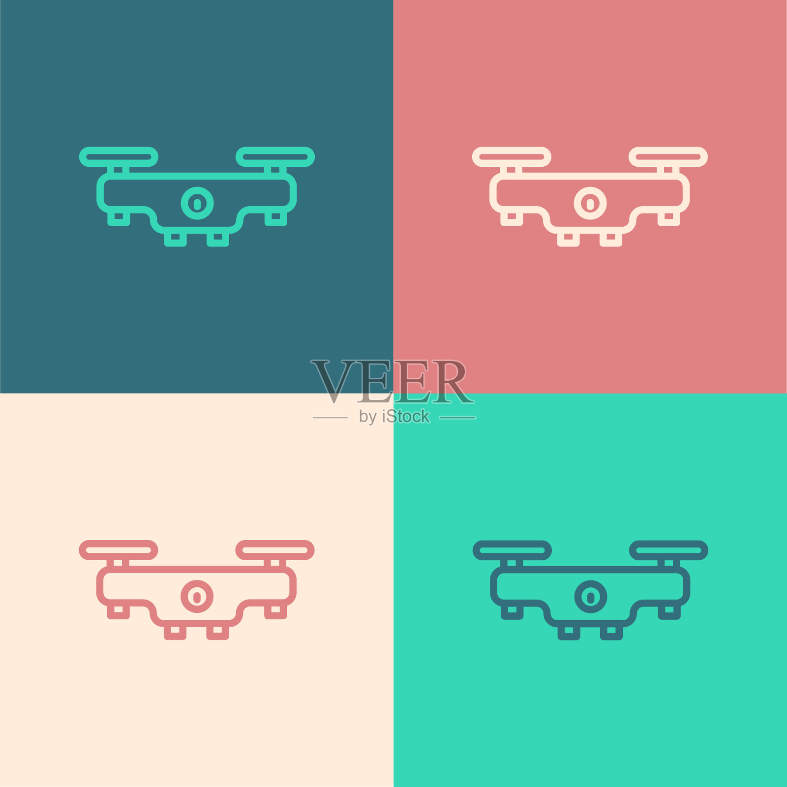 白色无人机飞行图标孤立在黑色背景。带有视频和照片相机符号的四轴飞行器。向量插画图片素材