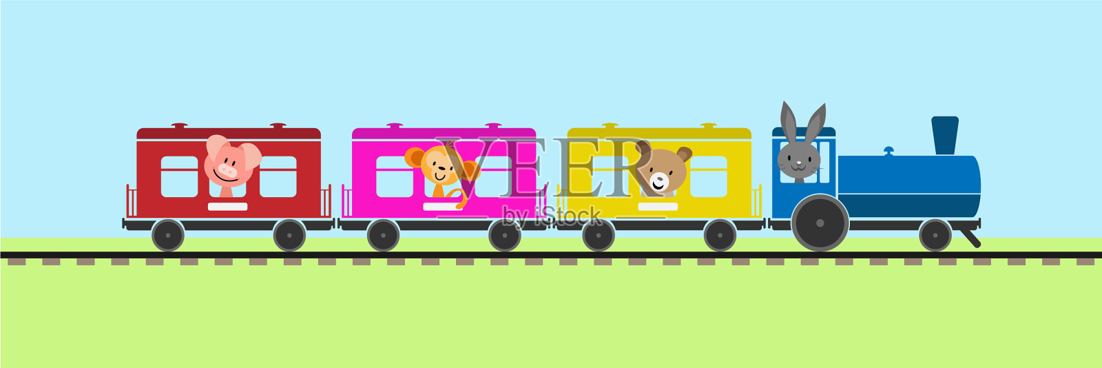 彩色儿童火车与汽车和火车头插画图片素材