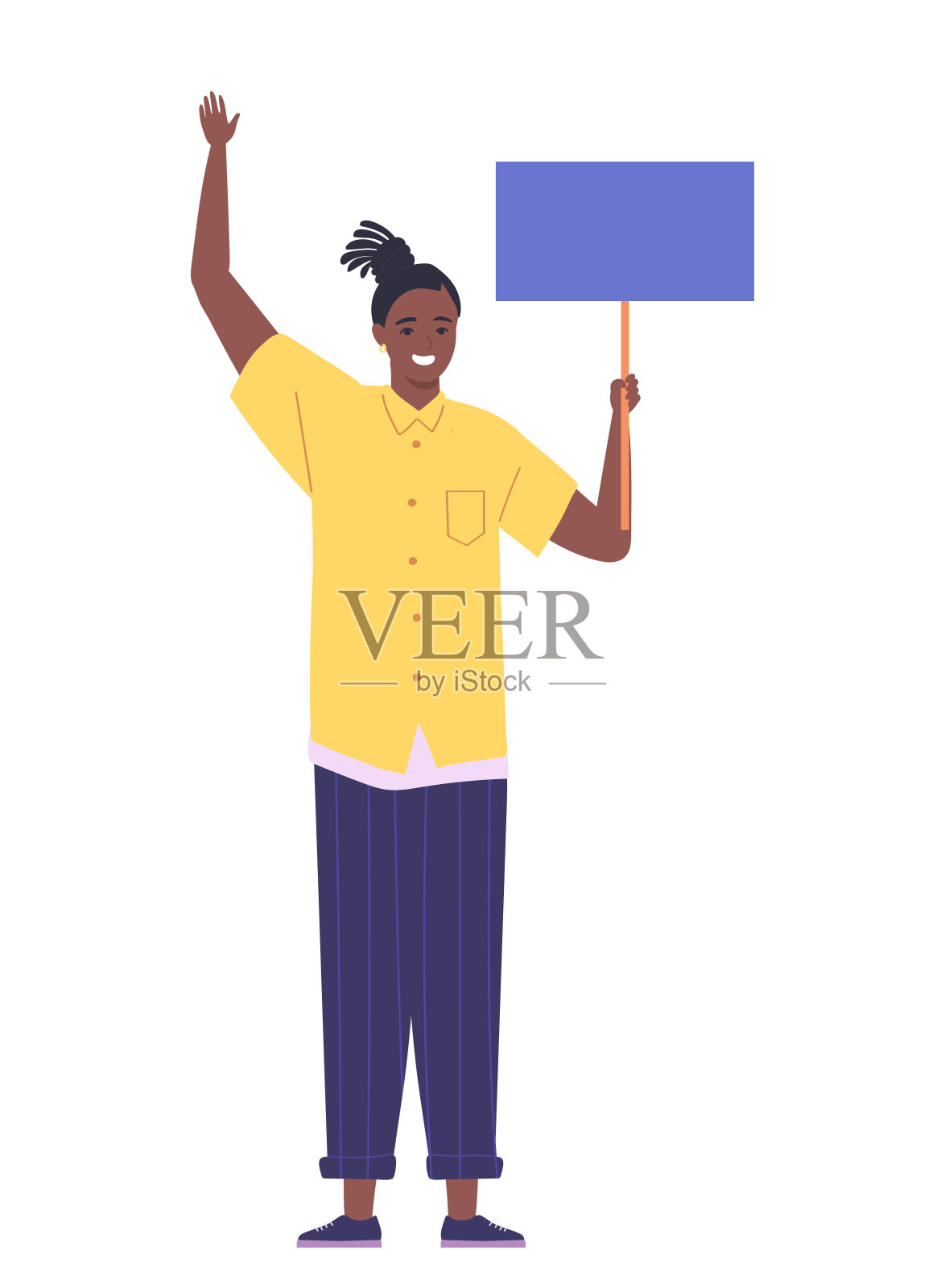 一个皮肤黝黑的年轻人手里拿着一张海报。集会上的女孩。性状孤立在白色背景上。平面卡通矢量插图。设计元素图片