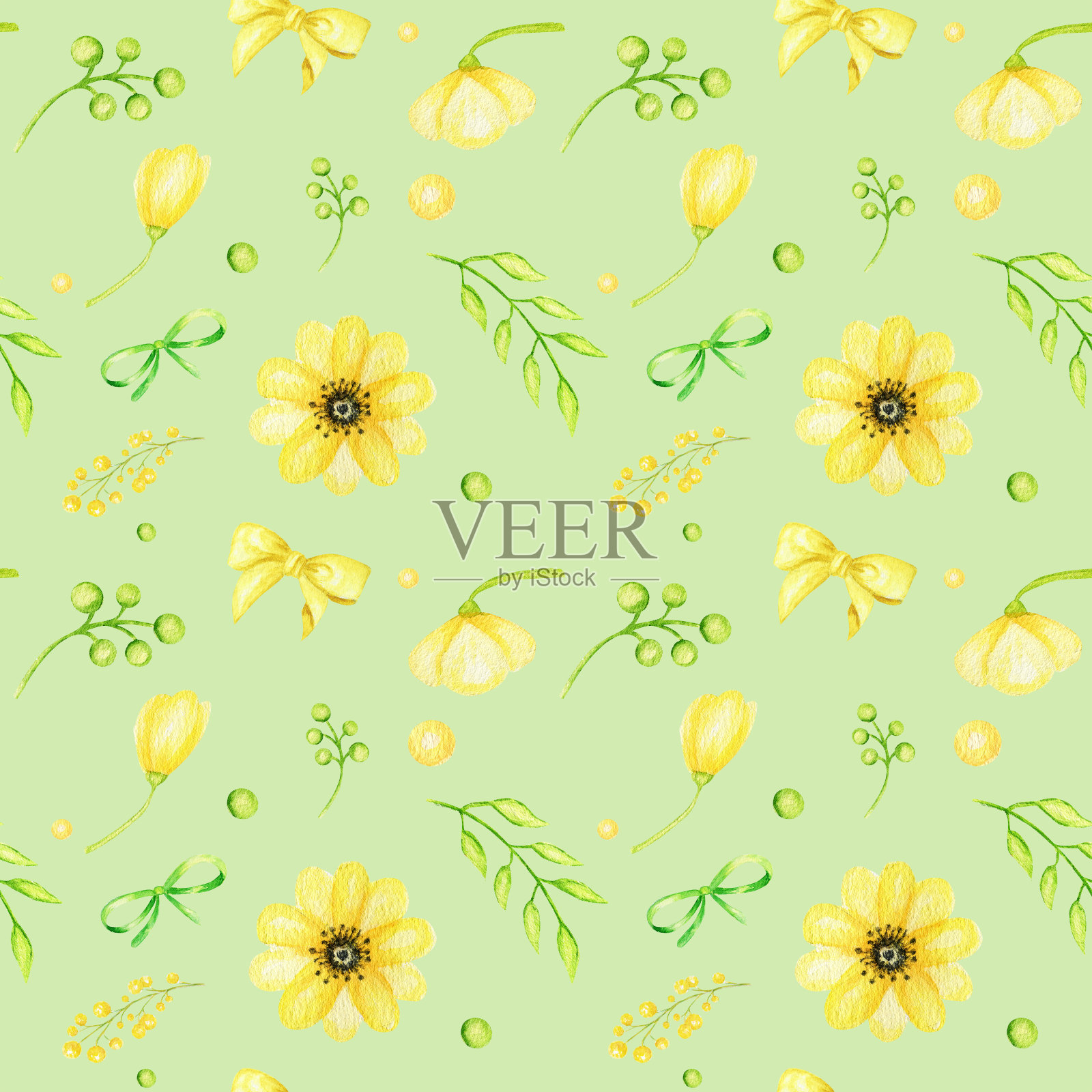 春花无缝图案色彩艳丽水彩花。春花黄蓝粉，绿叶，柳树为背景。设计邀请，剪贴簿，织物，纹理插画图片素材