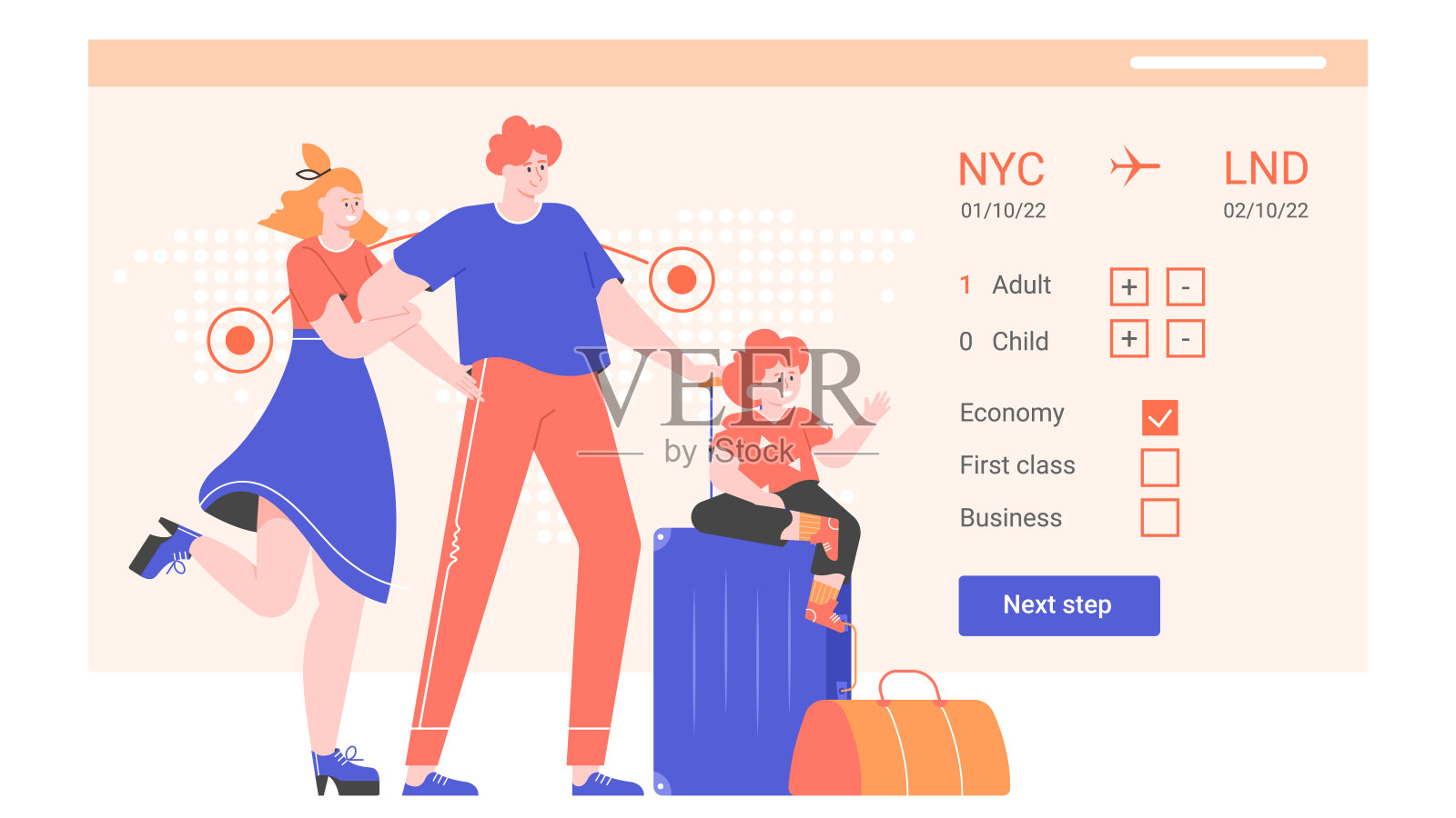 一家人正在预订旅行机票， 父母和带着行李箱的儿子准备乘飞机旅行。航空公司网站界面。矢量扁平插画插画图片素材