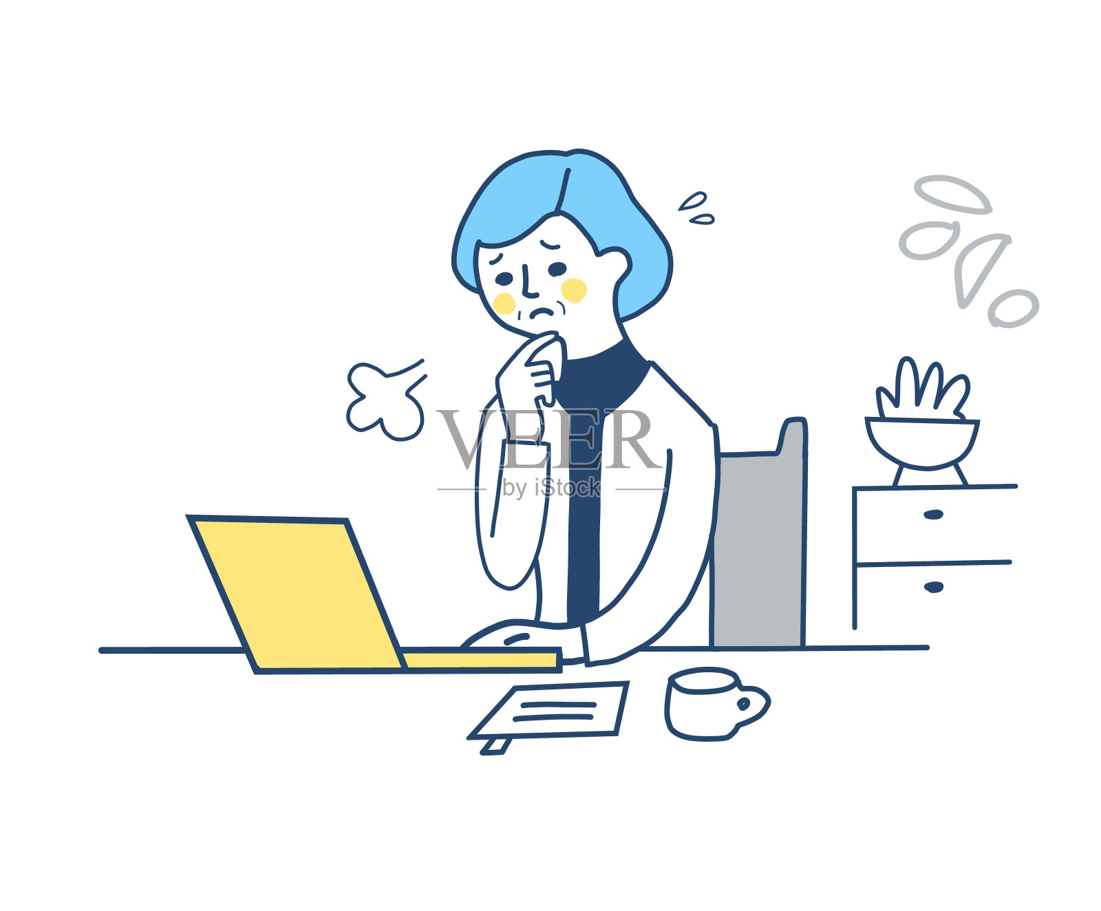 在远程工作的中年妇女，表情不安插画图片素材