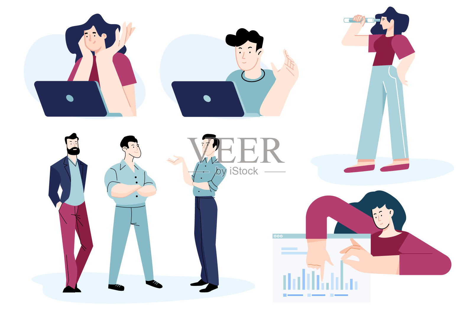 平面设计集人的业务、技术、在线交流、会议等概念。插画图片素材