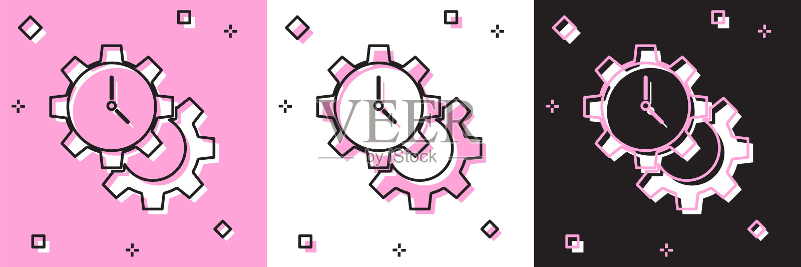 设置时间管理图标隔离在粉红色和白色，黑色背景。时钟和齿轮标志。生产力的象征。向量插画图片素材