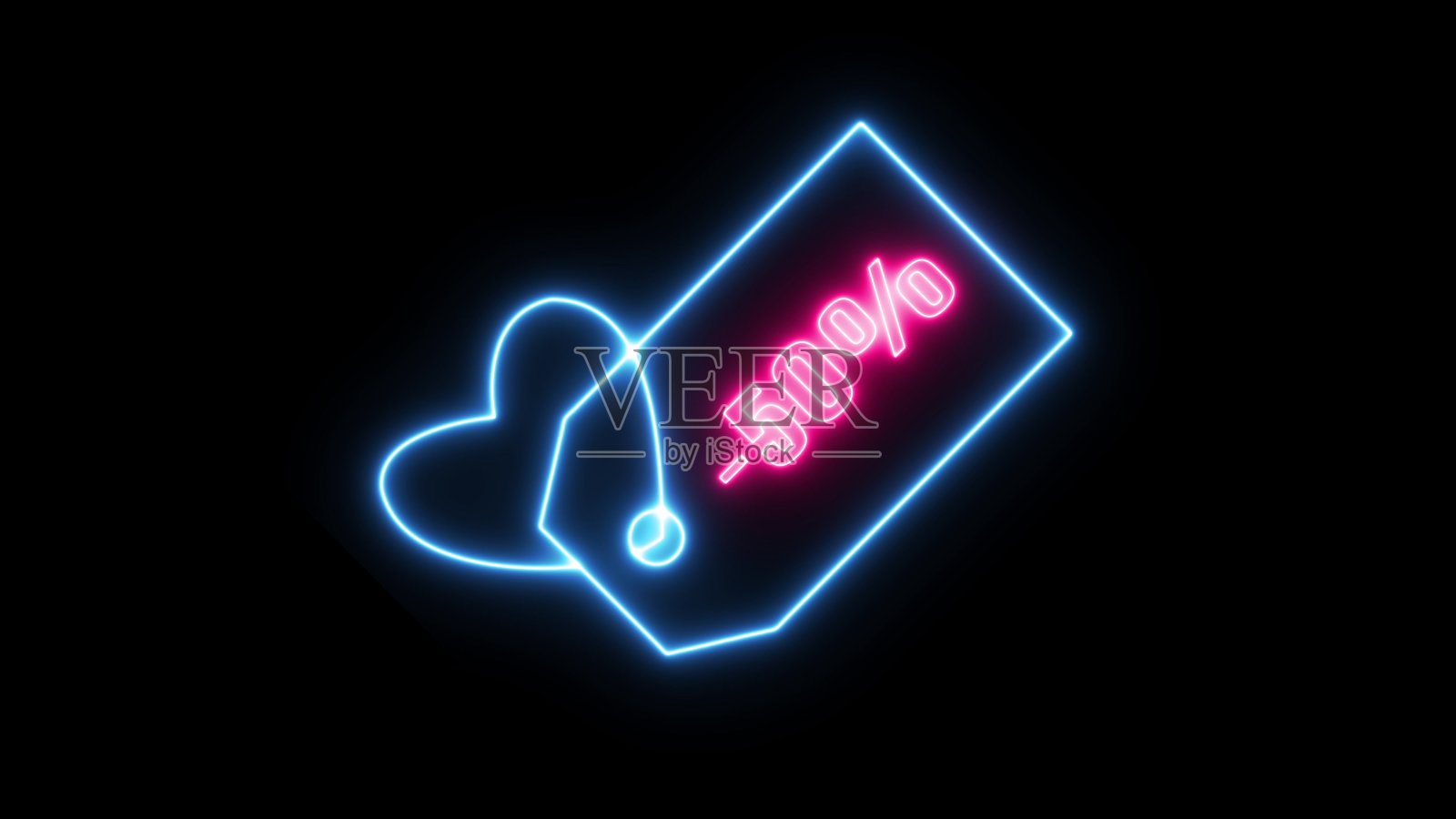 特价优惠，五折和心。标签,贴纸,标签。销售霓虹招牌横幅背景。销售和清关的概念。蓝色标签和粉红色。fontantonio (OFL Apache许可)。插画图片素材