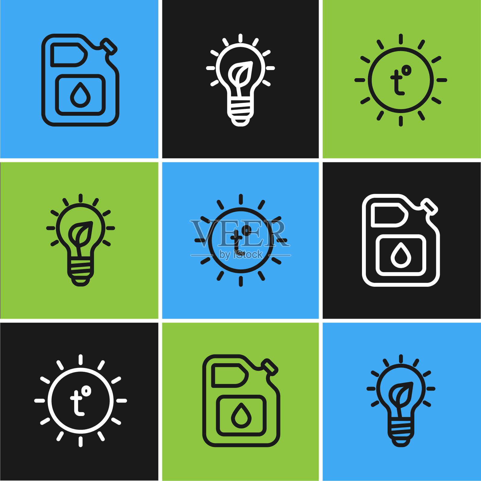 设置线罐汽油，太阳和灯泡与叶图标。向量图标素材