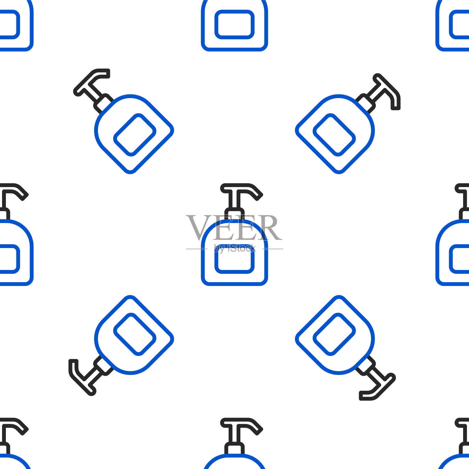 白色背景上的抗菌皂液瓶图标隔离无缝图案。防腐剂。消毒、卫生、护肤。色彩斑斓的轮廓的概念。向量插画图片素材