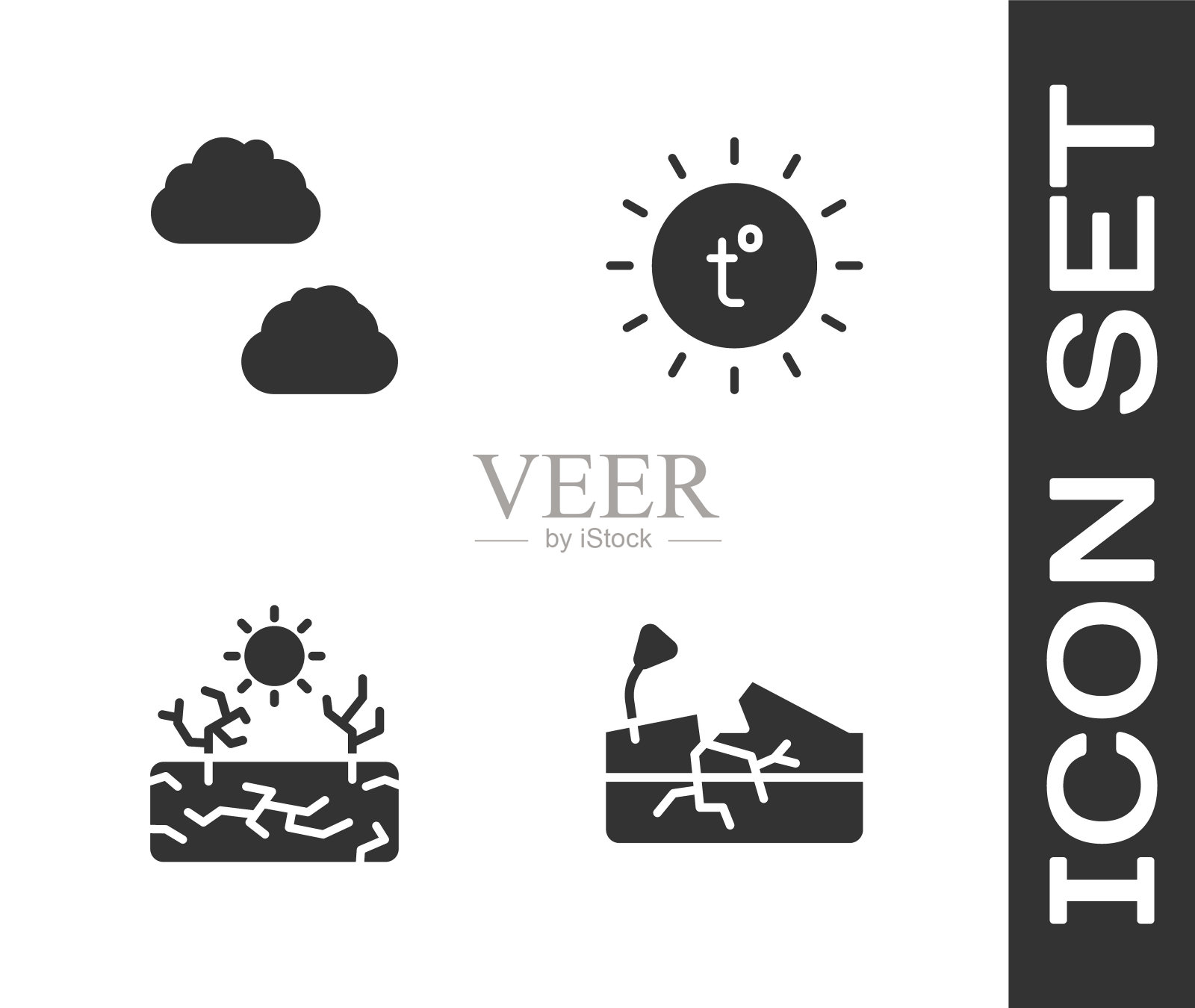 设置地震，云，干旱和太阳的图标。向量图标素材