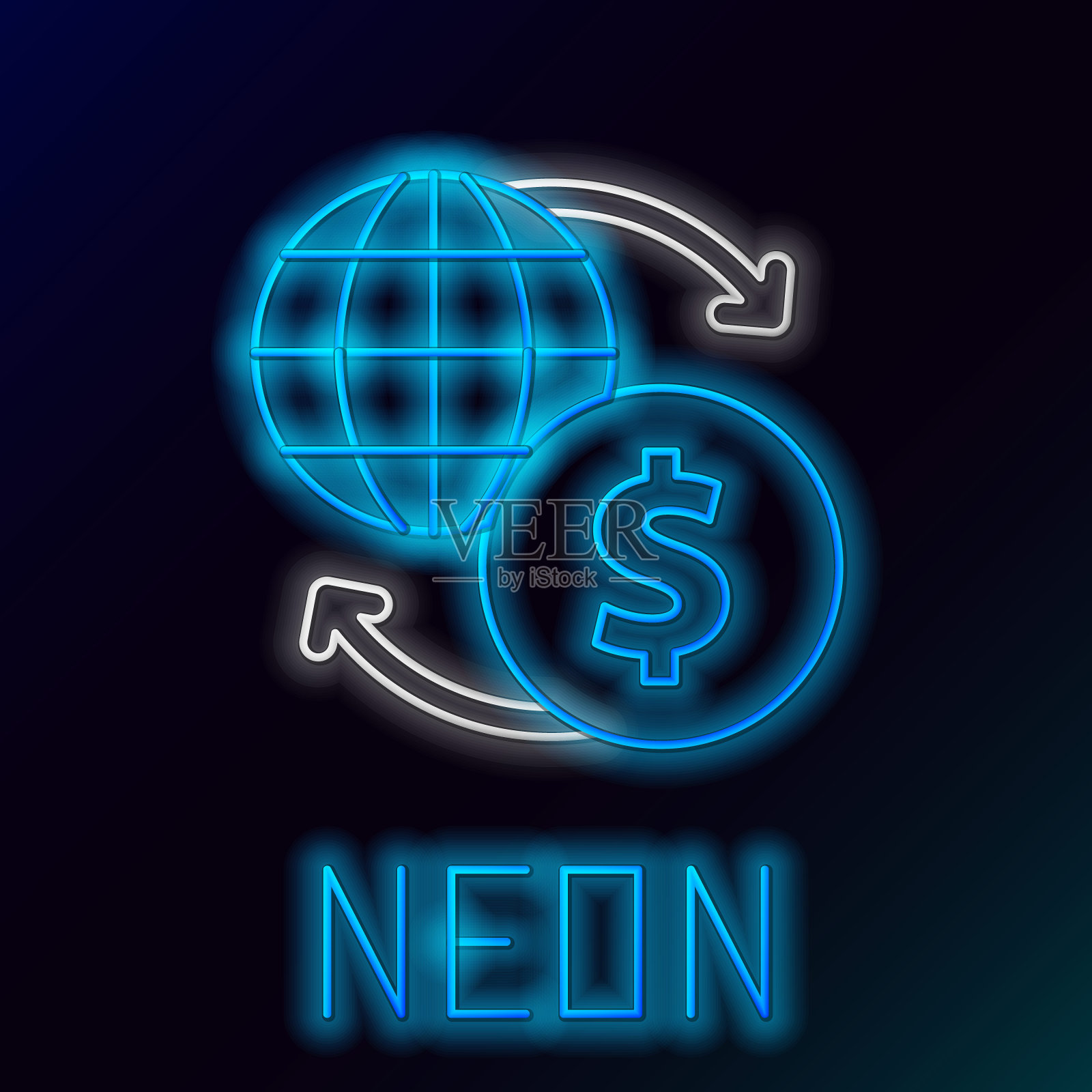 发光的霓虹线货币交易所图标孤立在黑色背景。欧元和美元现金转帐符号。银行货币符号。色彩斑斓的轮廓的概念。向量插画图片素材