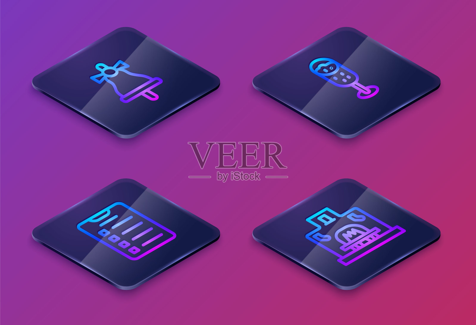 设定等距线圣诞钟声，新年目标清单，一杯香槟和室内壁炉。蓝色方块按钮。向量图标素材