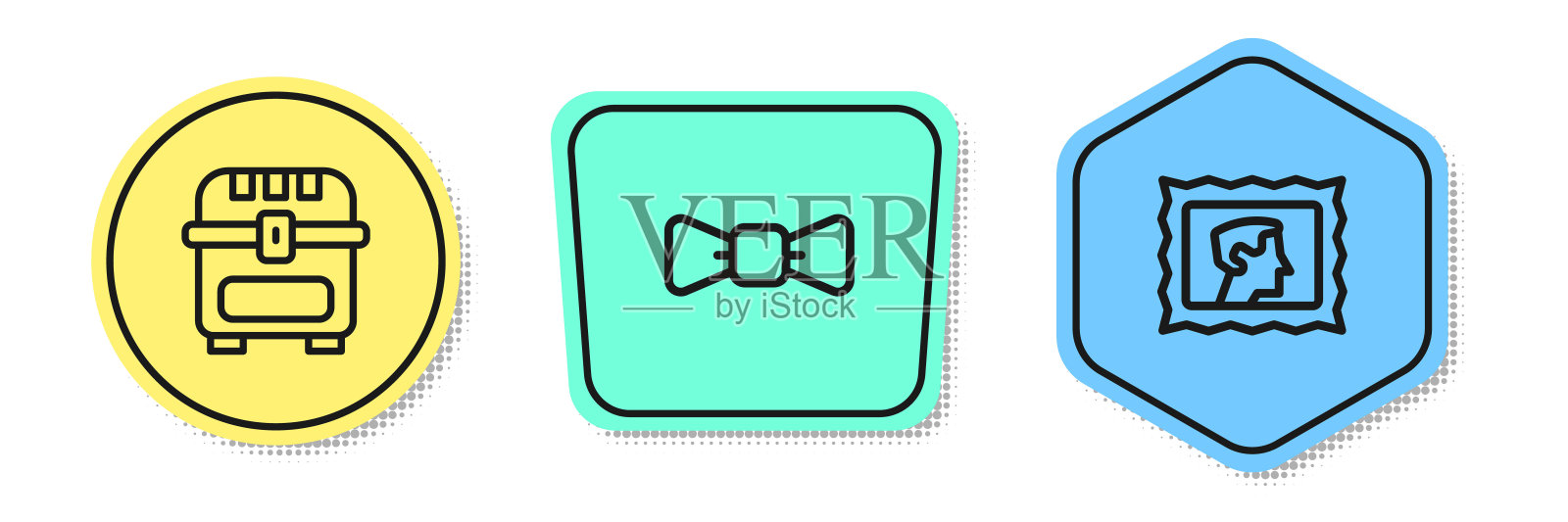 套行古玩宝箱、蝴蝶结及邮票。颜色的形状。向量插画图片素材