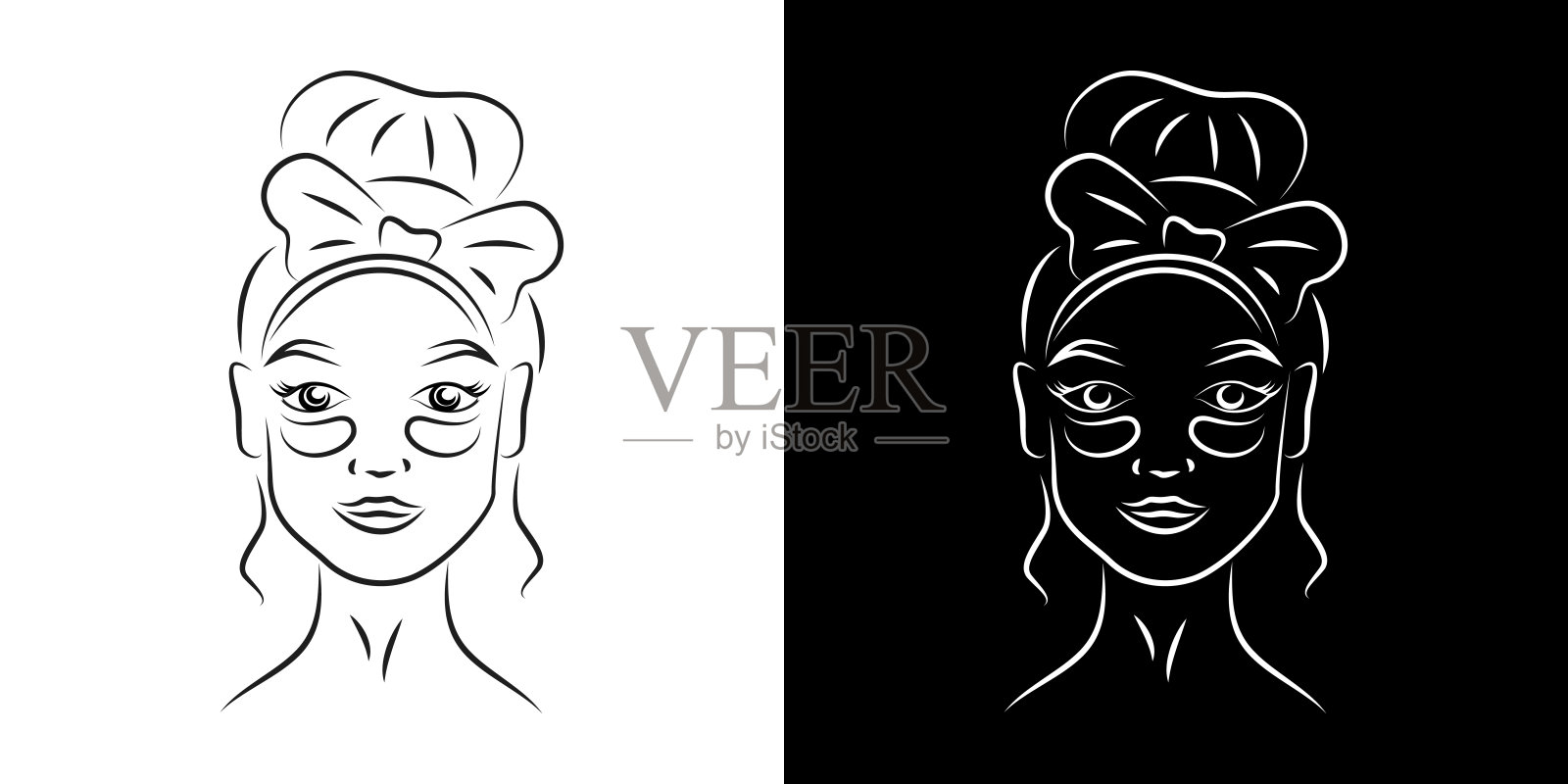 女人与下眼罩轮廓肖像矢量插图。女孩脸上用写实的护肤产品线条艺术。女士眼睛黑眼圈治疗轮廓人物在黑色和白色的背景插画图片素材