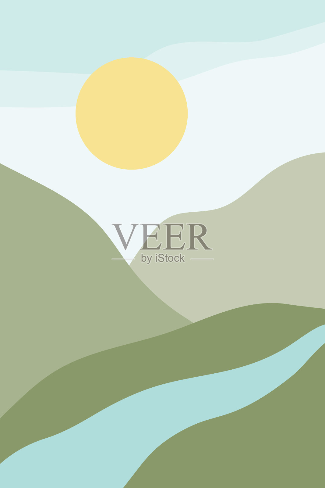 描绘了一条河流在阳光明媚的山川和绿色的平原中，景观自然的旗帜。插画图片素材